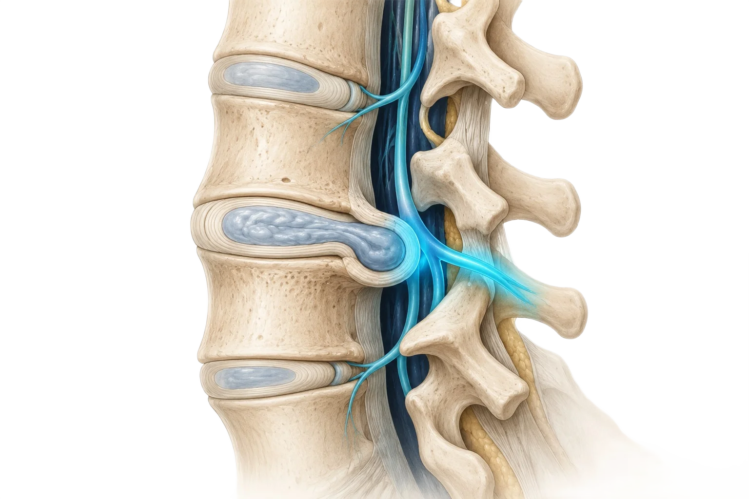 Raíces nerviosas lumbares L4, L5 y S1 emergiendo de la columna — origen del nervio ciático