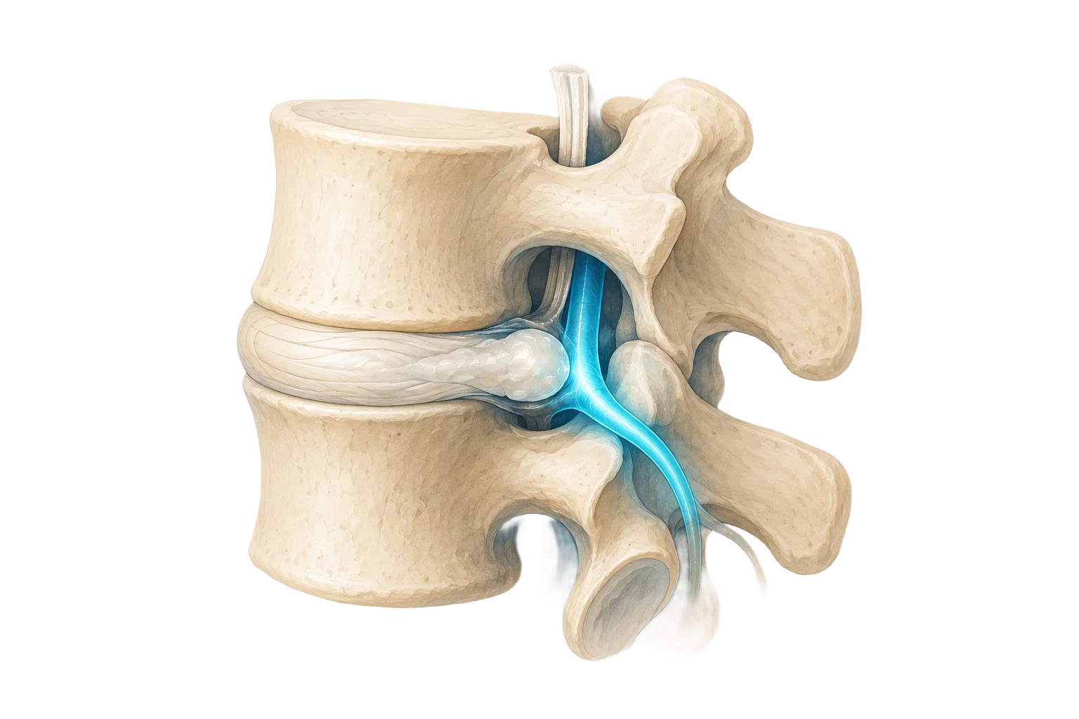 Anatomía de una hernia de disco lumbar comprimiendo una raíz nerviosa entre L4 y L5