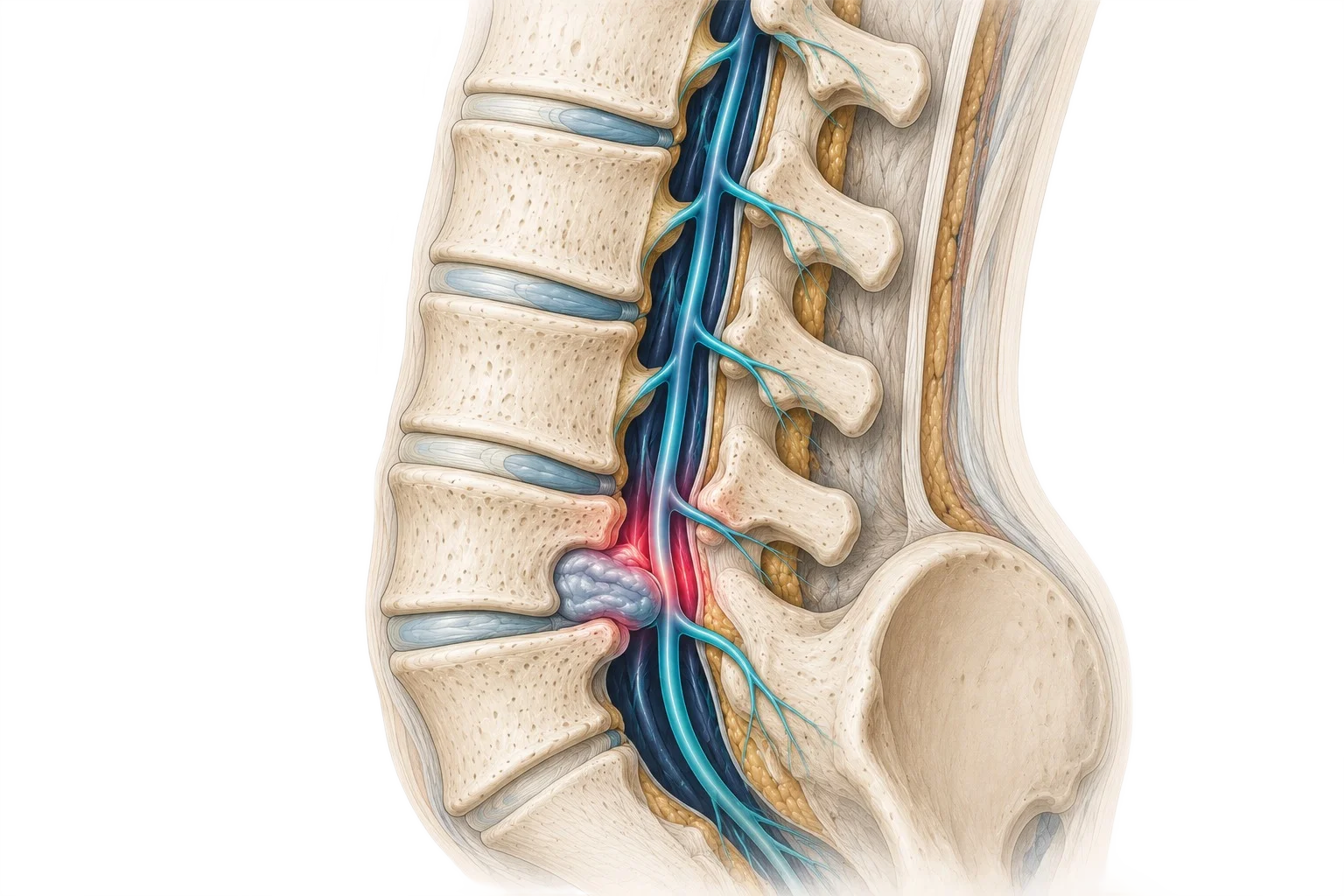 Hernia de disco lumbar con compresión radicular — patología que se aborda con microdiscectomía